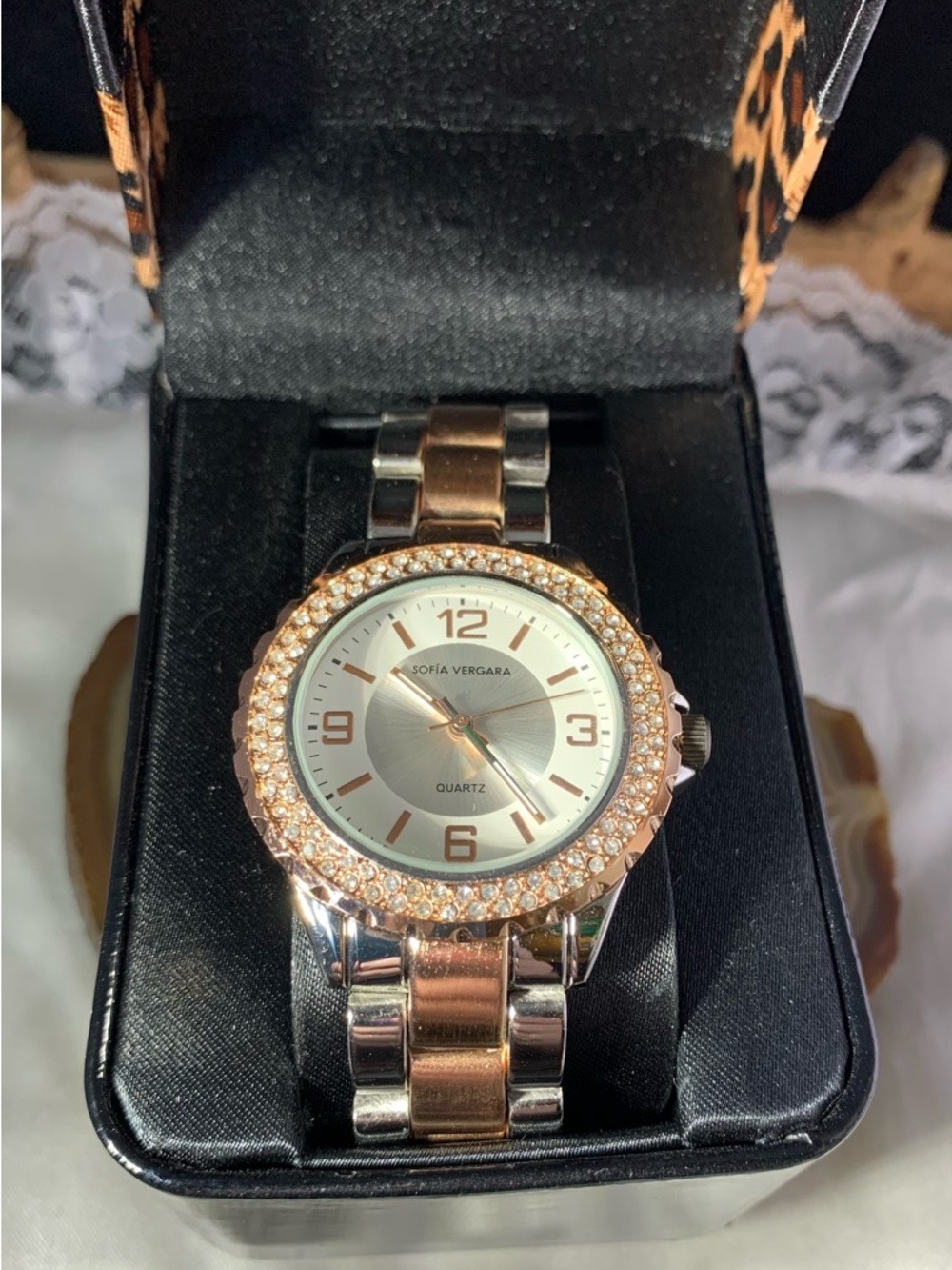 sofia by sofia vergara Two-Tone Rose Gold and Silver Crystal Bezel Women's Watch